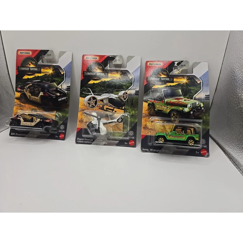 Jurassic World Rebirth MATCHBOX LOT OF 3 - Jeep, Copter, Off Road InGen Mercedes